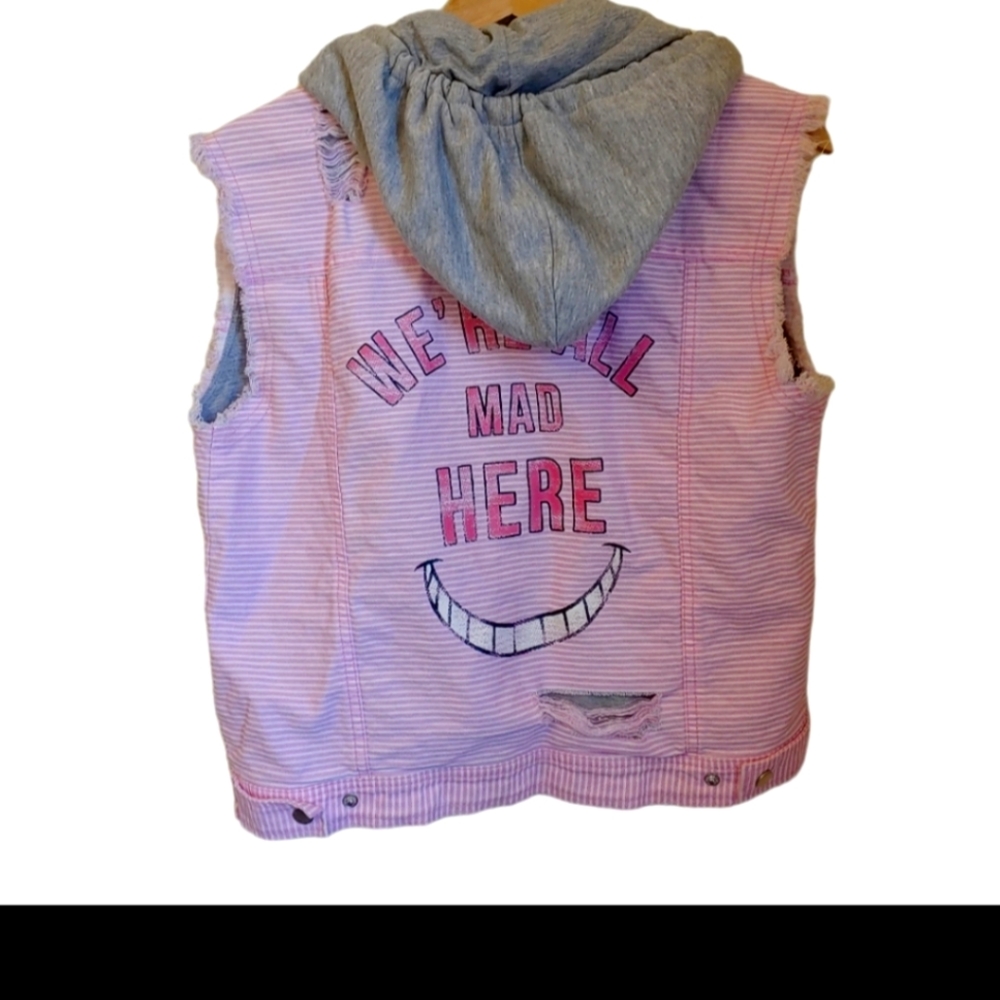 Disney Mad Hatter Cheshire Cat Pink "We're All Mad Here" Cut Off Denim Vest